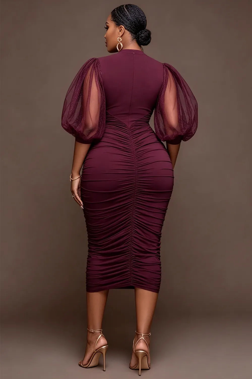 Xpluswear Design Plus Size Cocktail Party Burgundy Round Neck Puff Sleeve Short Sleeve Fold Bodycon Tulle Midi Dresses