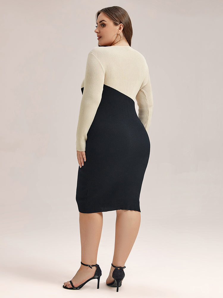 VIP Two Tone Round Neck Bodycon Midi Sweater Dress