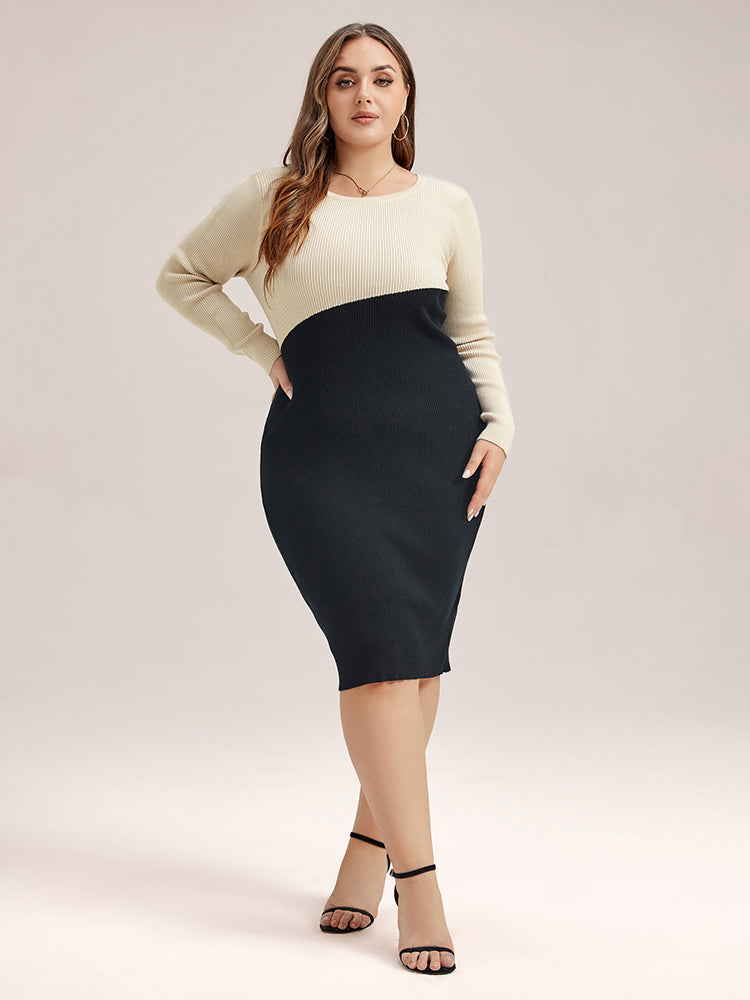 VIP Two Tone Round Neck Bodycon Midi Sweater Dress