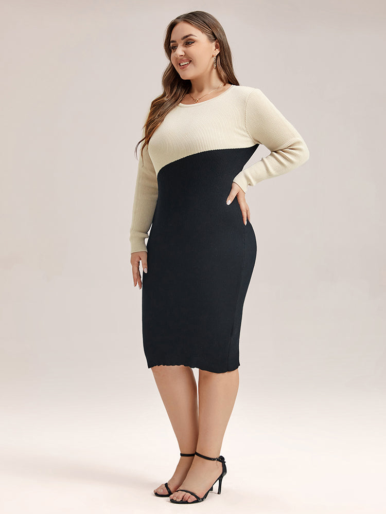 VIP Two Tone Round Neck Bodycon Midi Sweater Dress