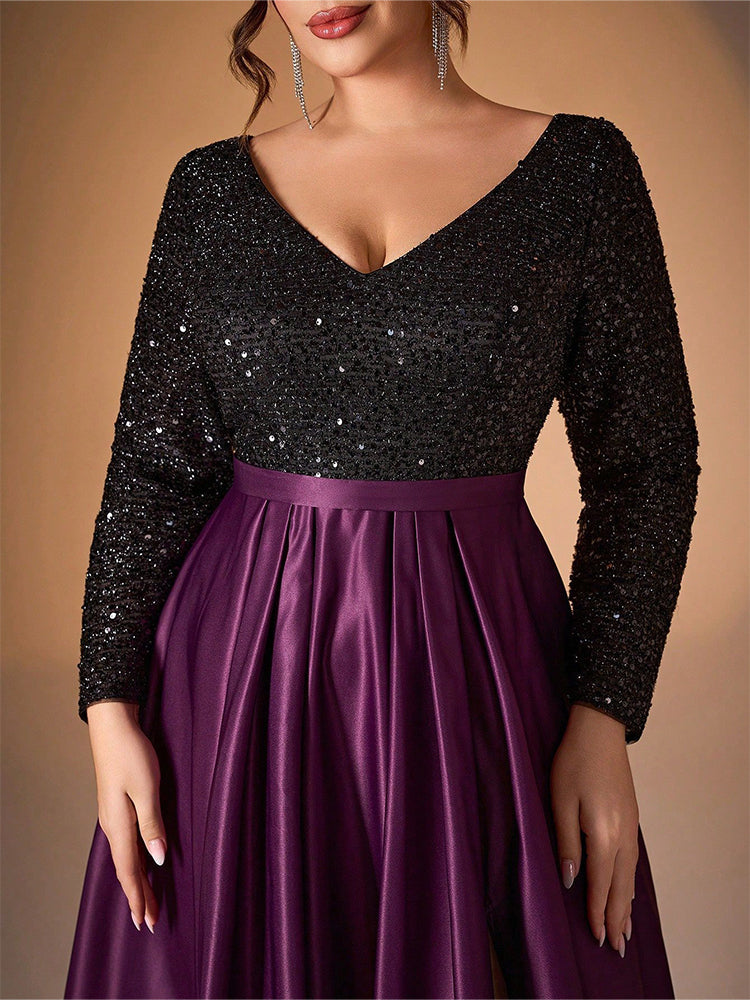 V-Neck Sequin Patchwork Split Dress