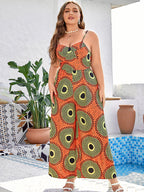 Plus Orange Tropical Print Spaghetti Strap Jumpsuit