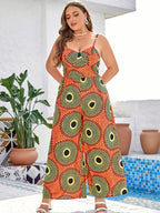 Plus Orange Tropical Print Spaghetti Strap Jumpsuit