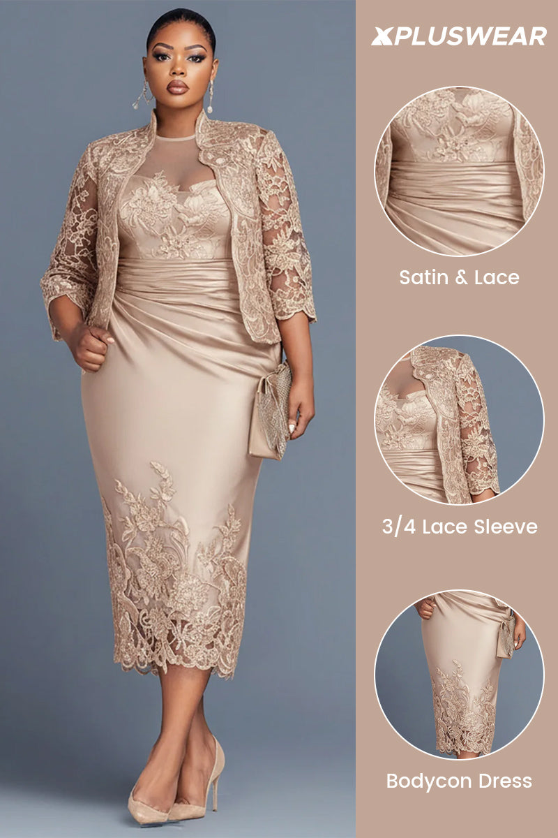 Xpluswear Design Plus Size Cocktail Party Lace Champagne Round Neck 3/4 Sleeve Contrast Bodycon Satin Two Piece Dress Sets
