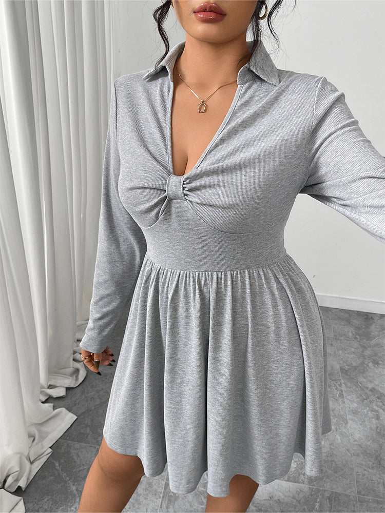 Solid V-Neck Ruched Dress