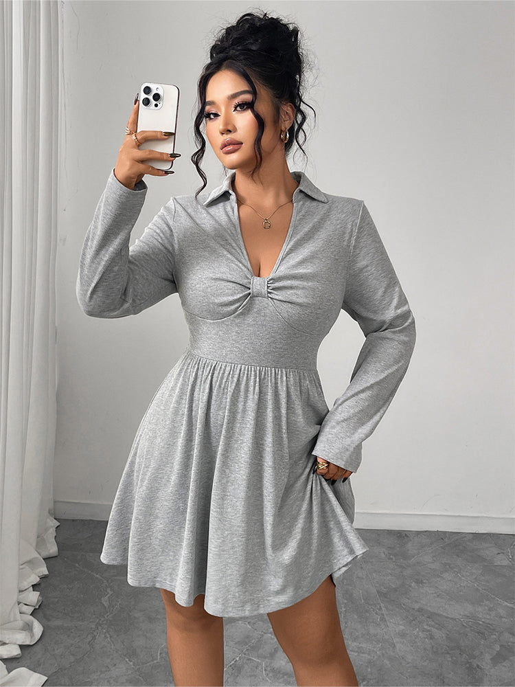 Solid V-Neck Ruched Dress