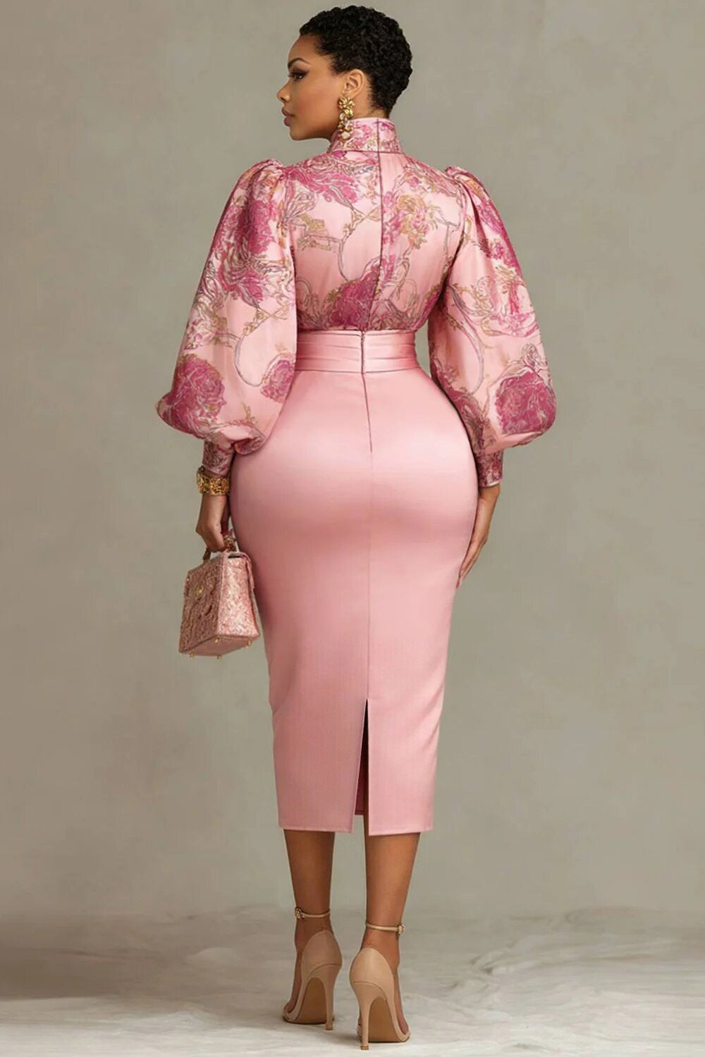 Xpluswear Design Plus Size Wedding Guest Pink Floral Stand-Up Collar Lantern Sleeve Long Sleeve Bodycon Satin Midi Dresses