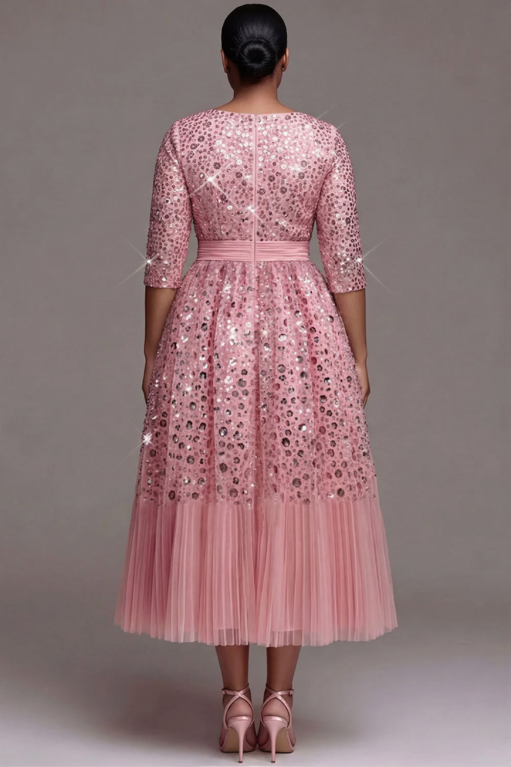 Xpluswear Design Plus Size Formal Tulle Pink Round Neck 3/4 Sleeve Pleated Sequin Midi Dresses