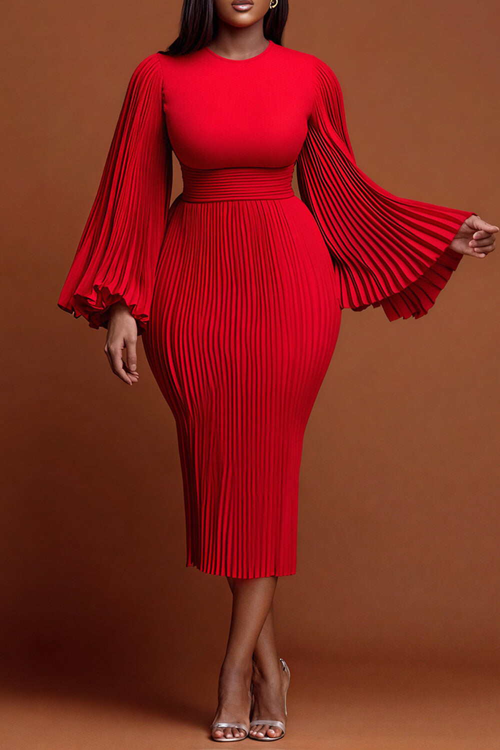 Xpluswear Design Plus Size Christmas Red Round Neck Flare Long Sleeve Bodycon Elegant Pleated Knitted Midi Dresses