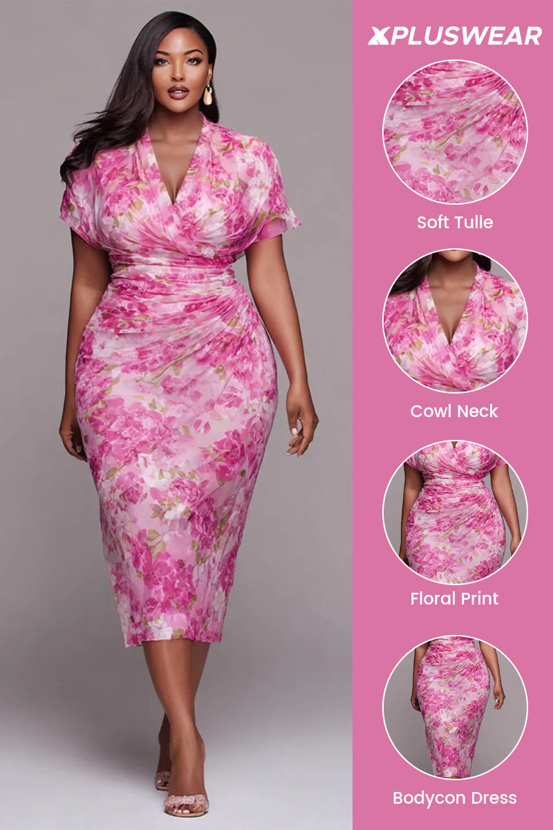 Xpluswear Design Plus Size Cocktail Party Pink Floral Cowl Neck Short Sleeve Fold Bodycon Tulle Midi Dresses