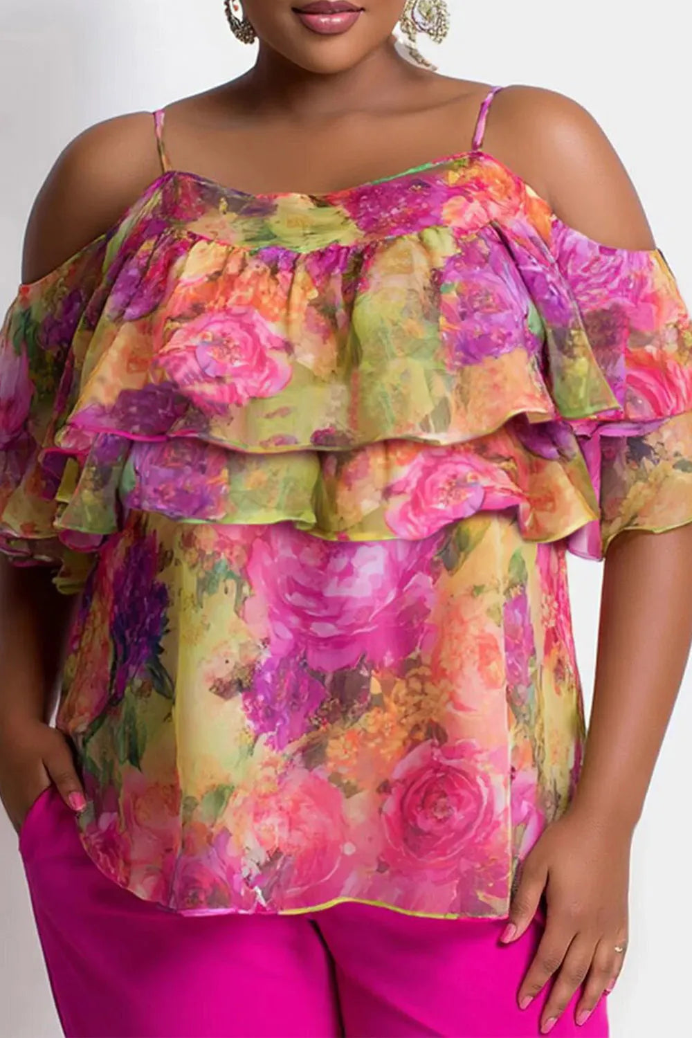 Xpluswear Design Plus Size Vacation Multicolor Floral Cold Shoulder Short Sleeve Ruffle Chiffon Tops