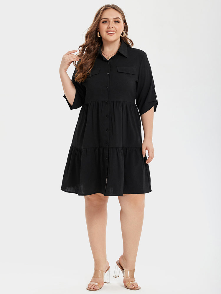 Button Front Ruffle Hem Shirt Dress