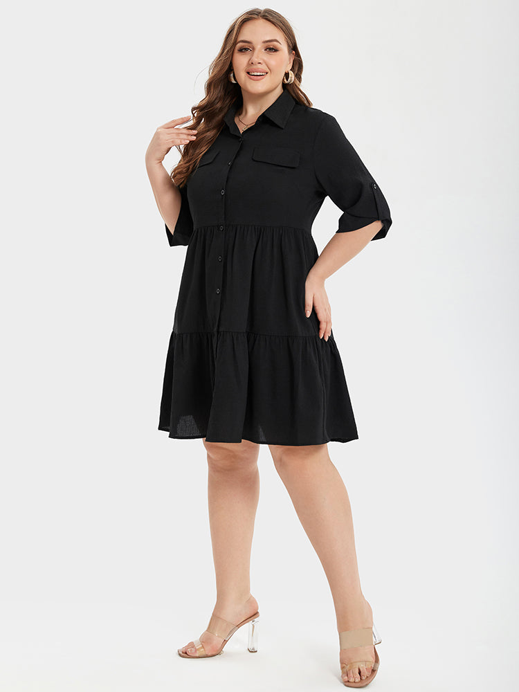 Button Front Ruffle Hem Shirt Dress