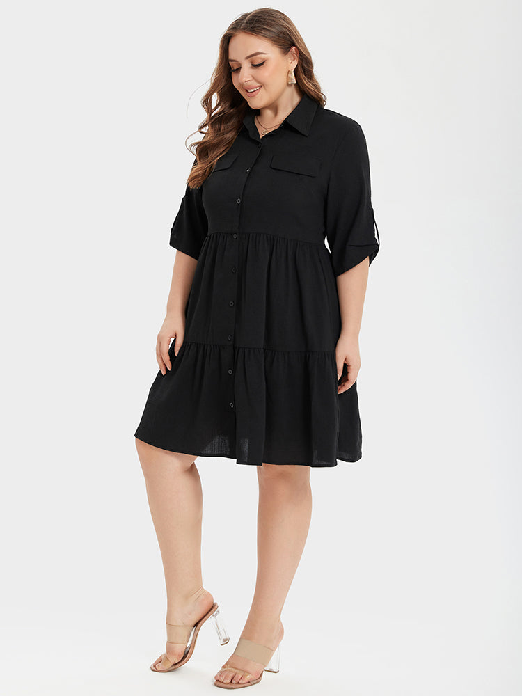 Button Front Ruffle Hem Shirt Dress
