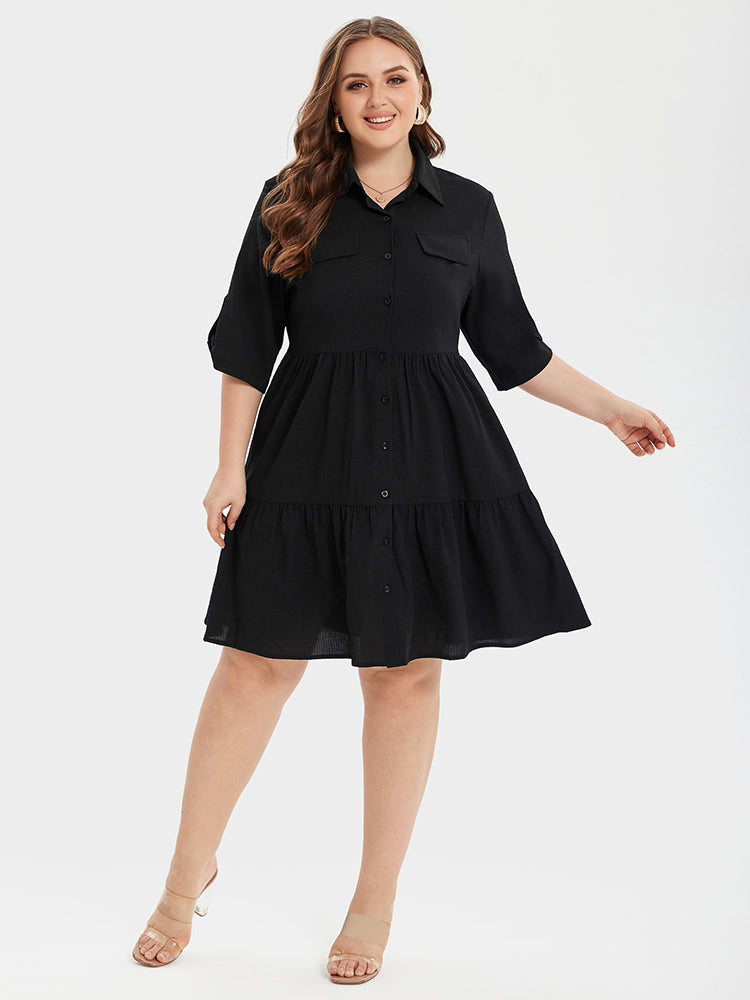 Button Front Ruffle Hem Shirt Dress