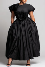 Xpluswear Design Plus Size Semi Formal Black Round Neck Short Sleeve 3D Casual Pocket Maxi Dresses