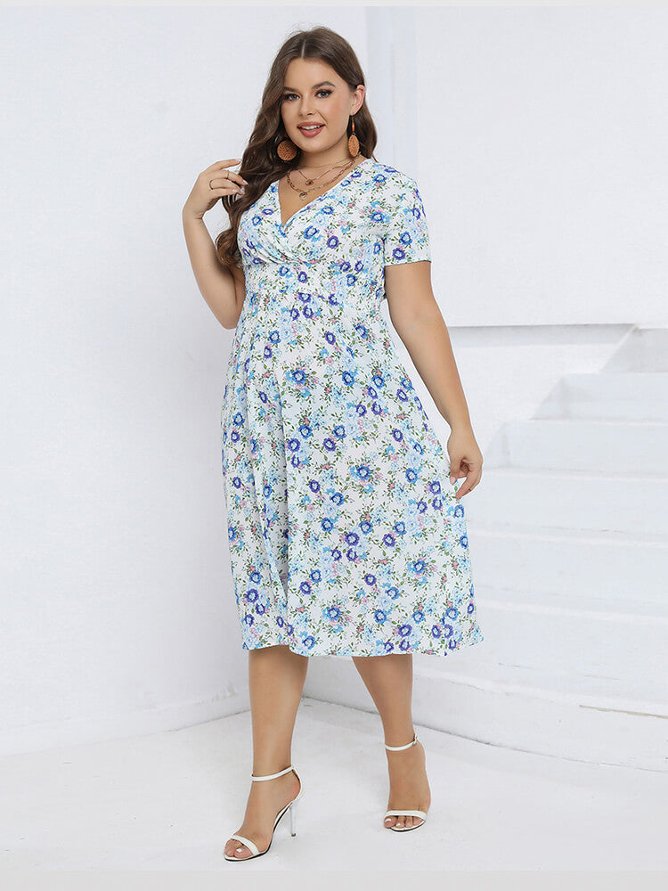 Floral Crisscross V-Neck Elastic Waist Midi Dress
