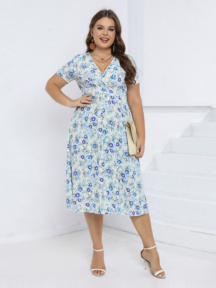 Floral Crisscross V-Neck Elastic Waist Midi Dress