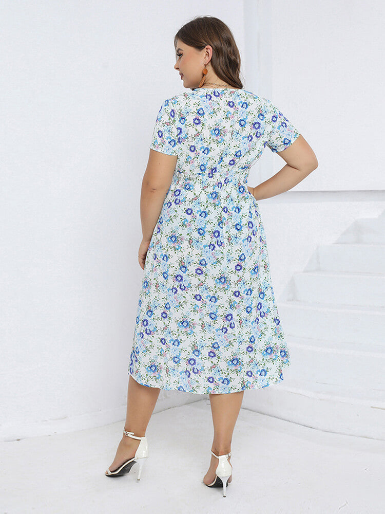 Floral Crisscross V-Neck Elastic Waist Midi Dress
