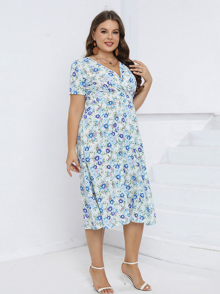 Floral Crisscross V-Neck Elastic Waist Midi Dress