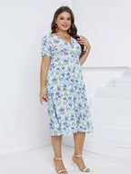 Floral Crisscross V-Neck Elastic Waist Midi Dress