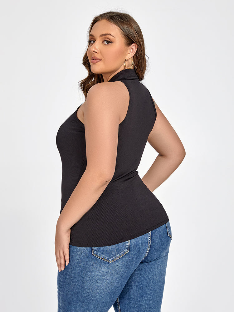 Plus Black Zipper Front Collar Tank Top