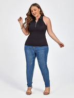 Plus Black Zipper Front Collar Tank Top