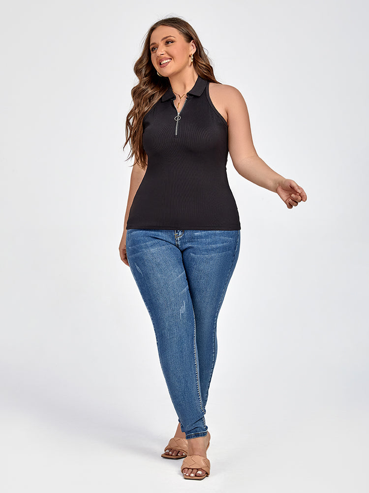 Plus Black Zipper Front Collar Tank Top