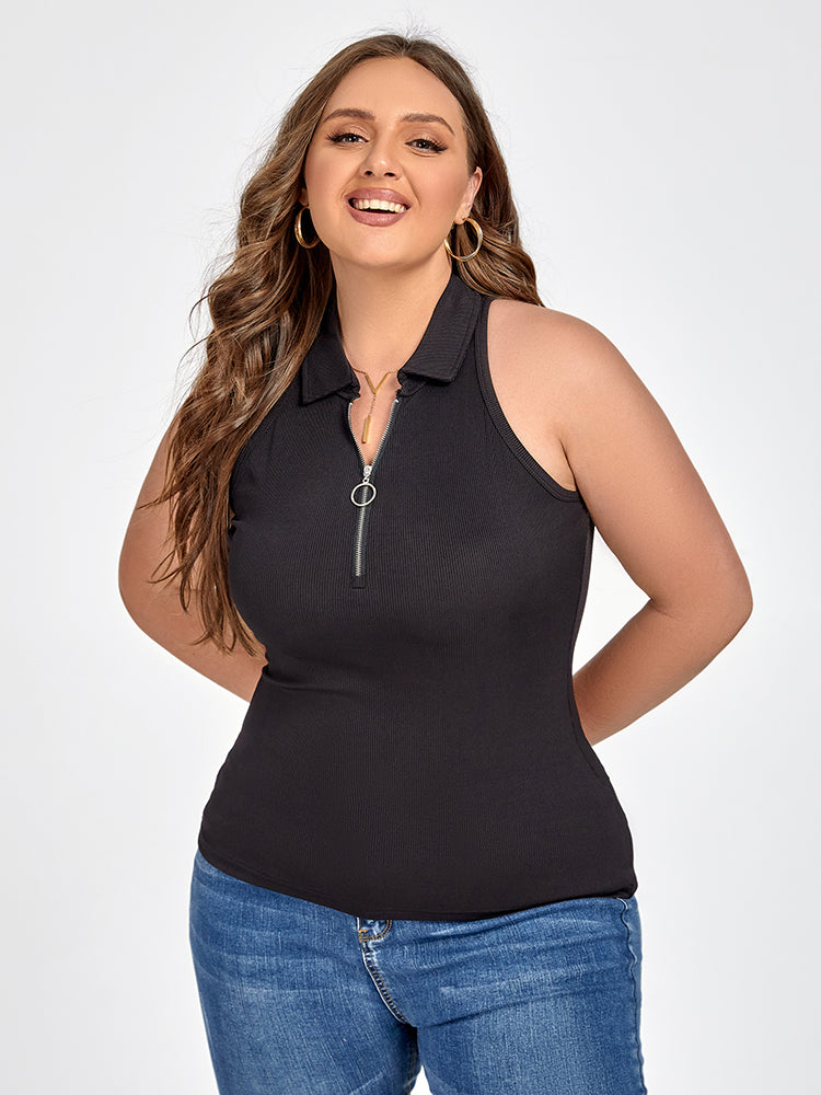 Plus Black Zipper Front Collar Tank Top