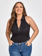 Plus Black Zipper Front Collar Tank Top
