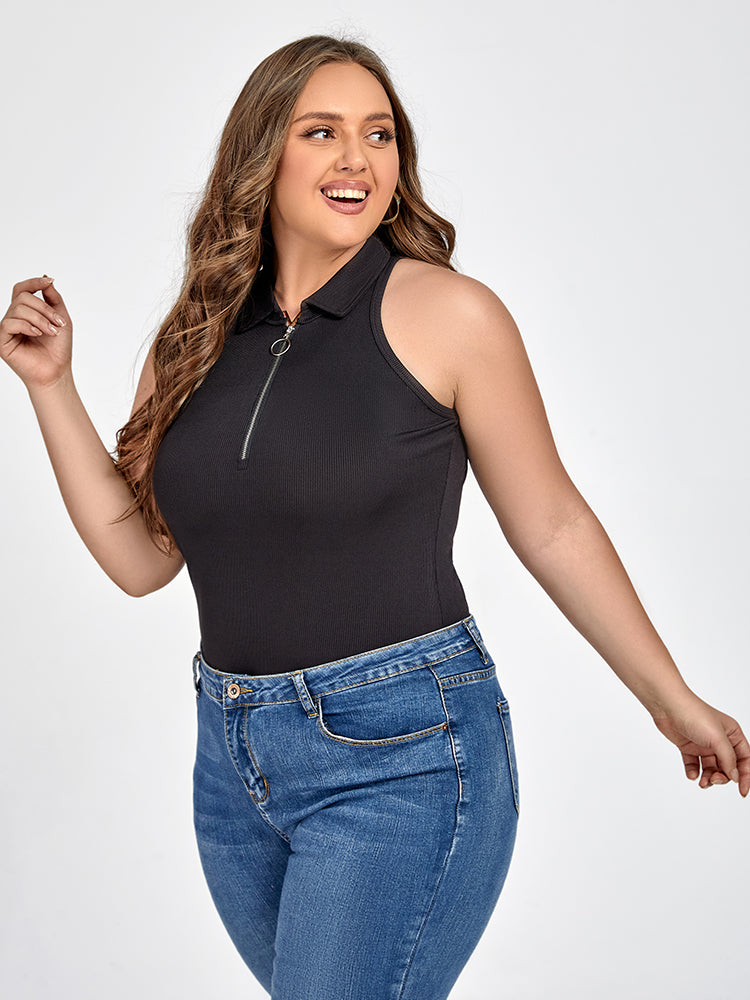Plus Black Zipper Front Collar Tank Top