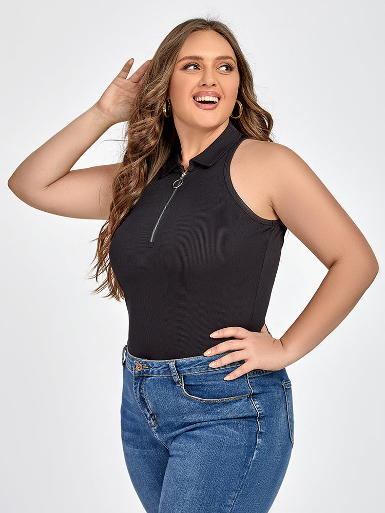 Plus Black Zipper Front Collar Tank Top