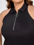 Plus Black Zipper Front Collar Tank Top