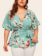 Plus Floral Ruffle Warp Babydoll Blouse