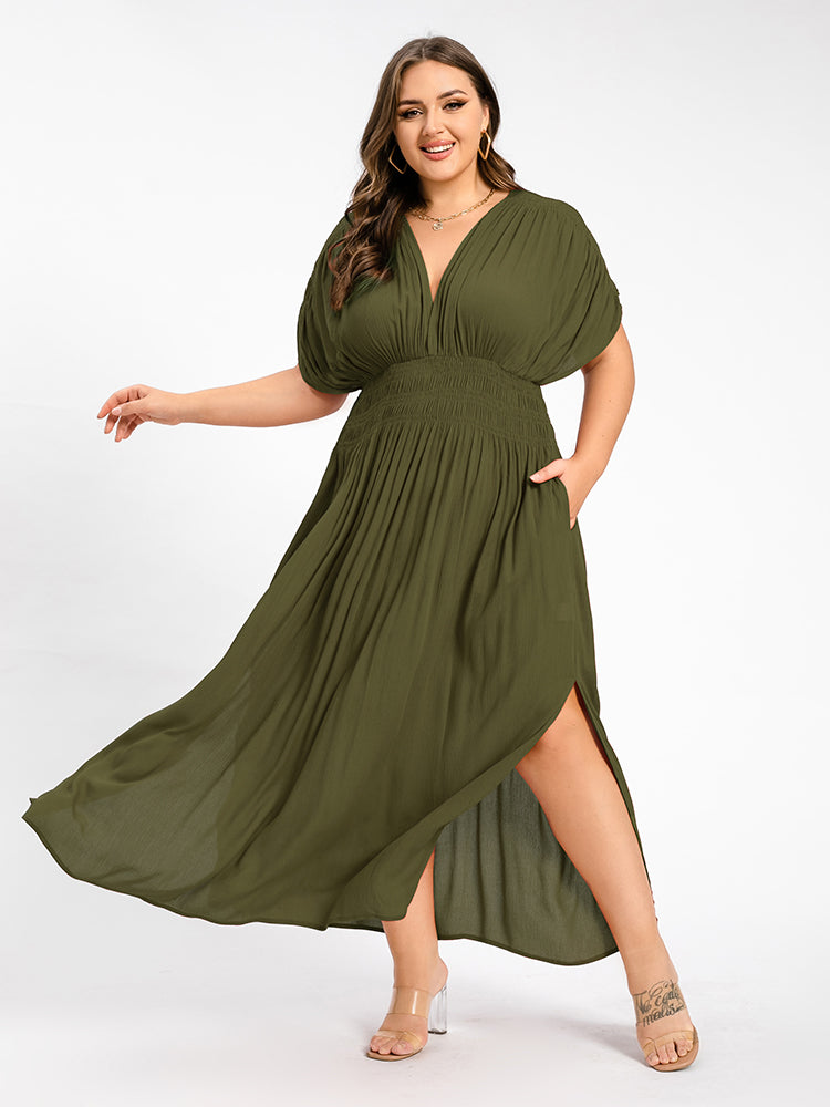 VIP V-Neck Batwing Sleeve Pocket Ruched Waist Maxi Dress