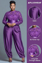 Xpluswear Design Plus Size Formal Purple Round Neck Long Sleeve Elegant See Through Satin Jumpsuits