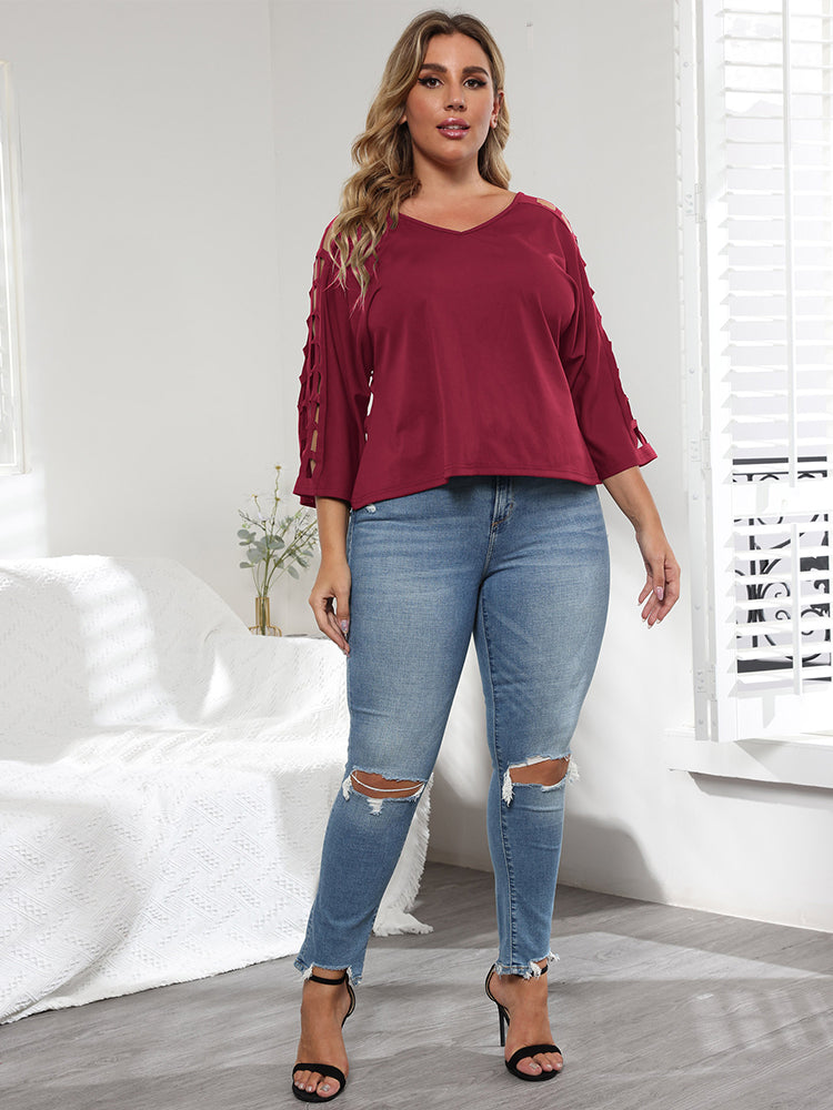 Plus Cut Out Sleeve V Neck Tee