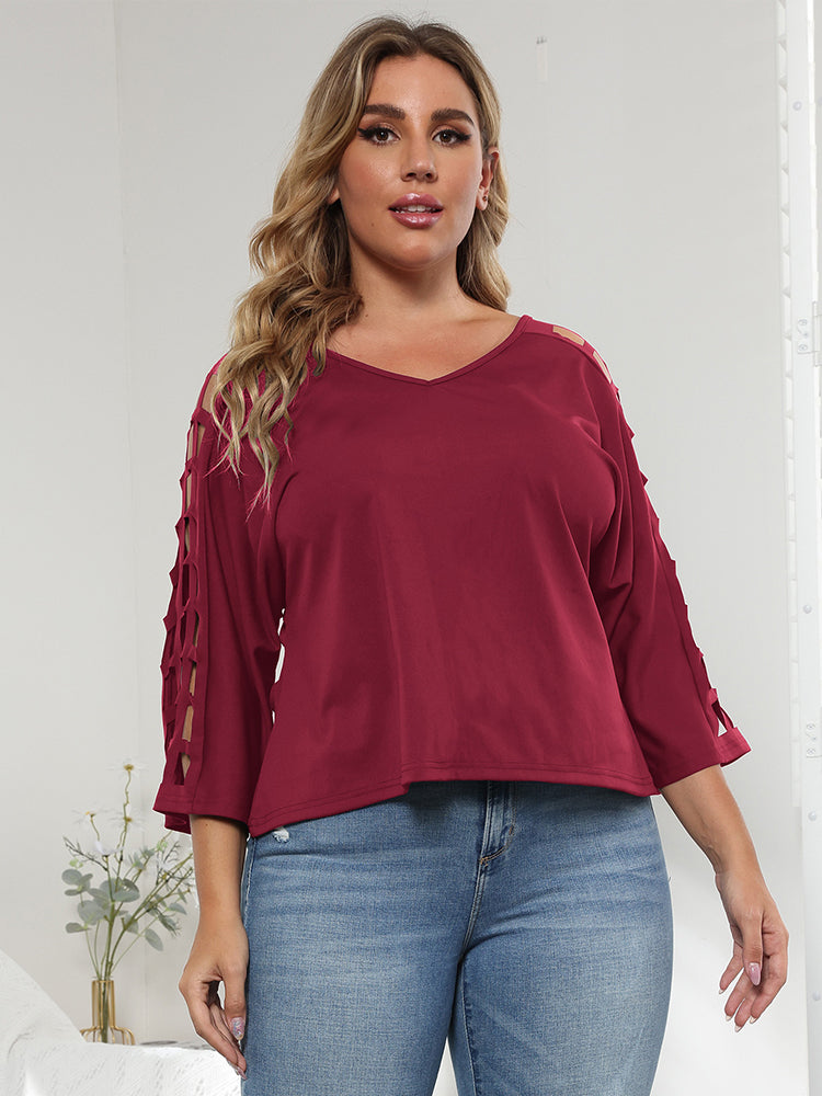 Plus Cut Out Sleeve V Neck Tee