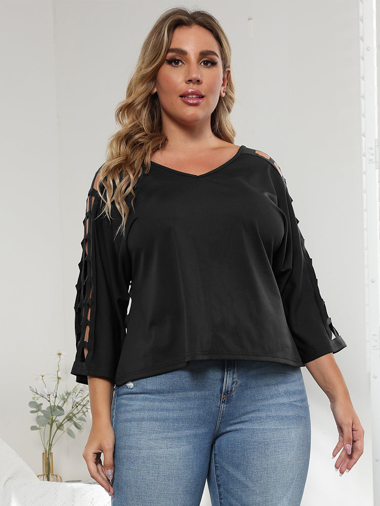 Plus Cut Out Sleeve V Neck Tee