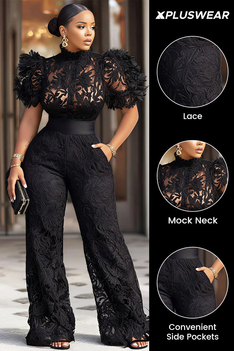 Xpluswear Design Plus Size Cocktail Party Black Mock Neck Short Sleeve See Through Pocket Lace Jumpsuits