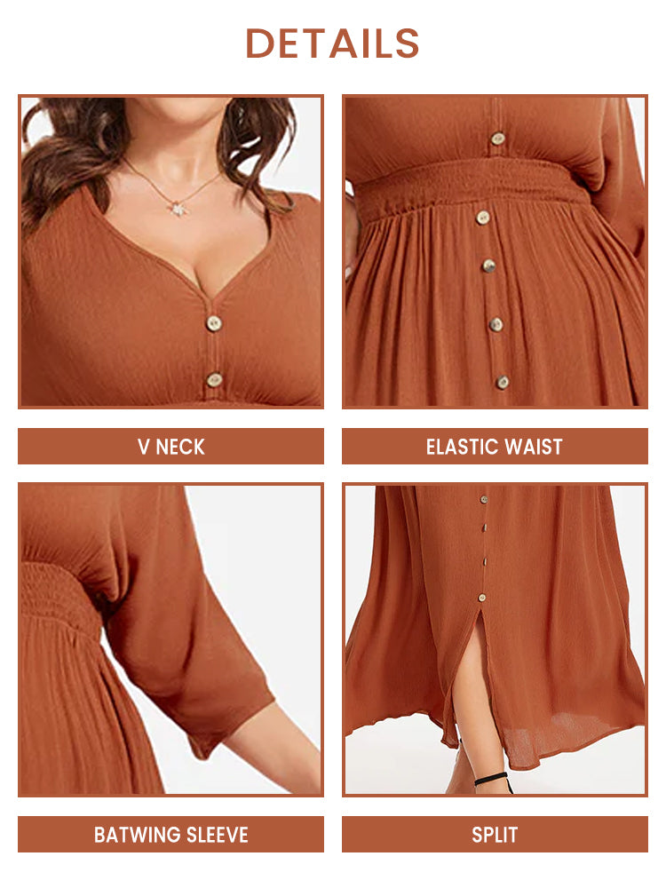VIP V-Neck Button Front Elastic Waist Split Maxi Dress