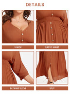 VIP V-Neck Button Front Elastic Waist Split Maxi Dress