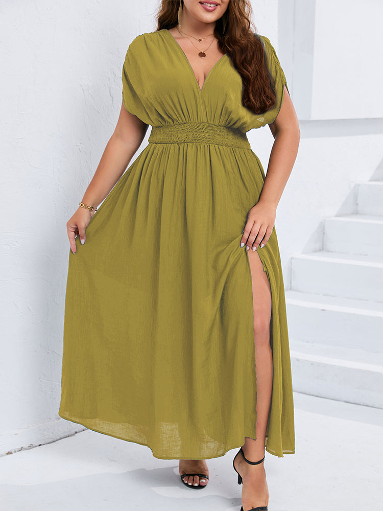 VIP V-Neck Dolman Sleeve Ruched Split Pocket Maxi Dress