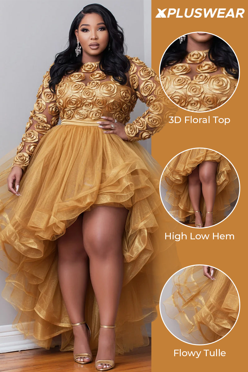 Xpluswear Design Plus Size Party Gold Round Neck Long Sleeve 3D Elegant High Low Hem Tulle Mini Dresses