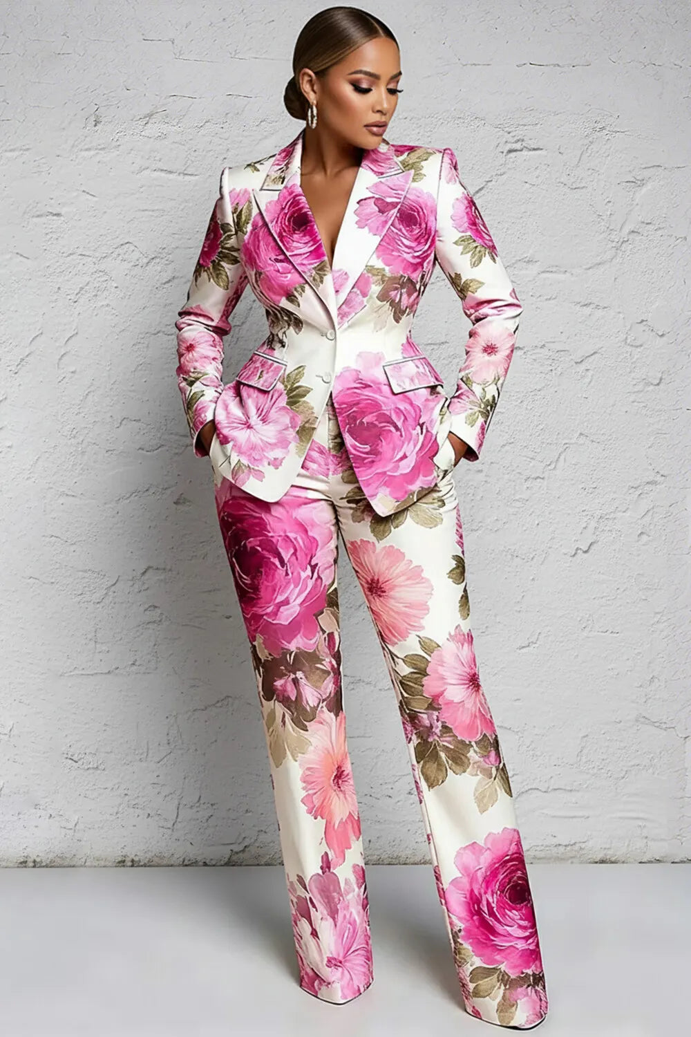 Xpluswear Design Plus Size Formal Pink Floral Lapel Collar Long Sleeve Pocket Two Piece Pant Suits
