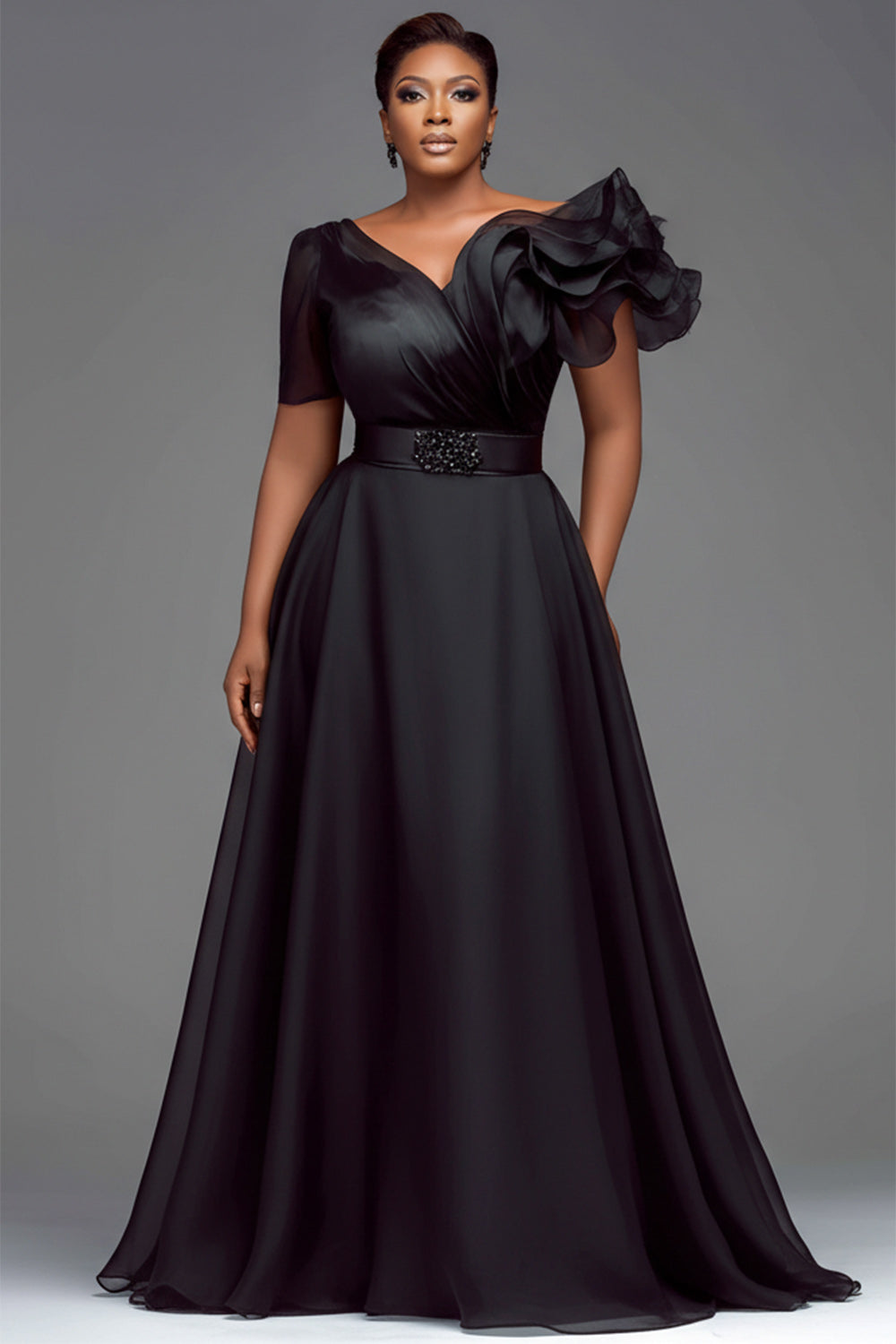 Xpluswear Design Plus Size Formal Organza Black V Neck Short Sleeve Ruffle Chiffon Maxi Dresses