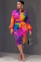 Xpluswear Design Plus Size Daily Multicolor Tie Dye Shirt Collar Lantern Sleeve Long Sleeve Bodycon Wrap Midi Dresses