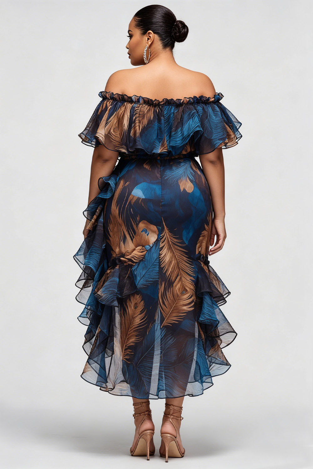 Xpluswear Design Plus Size Cocktail Party Blue Graphic Off The Shoulder Ruffle Tiered Chiffon Midi Dresses