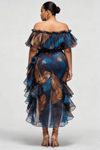 Xpluswear Design Plus Size Cocktail Party Blue Graphic Off The Shoulder Ruffle Tiered Chiffon Midi Dresses