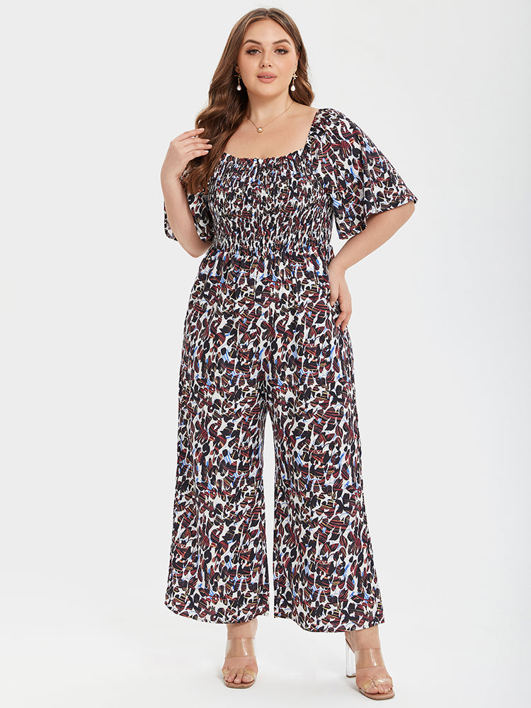 VIP Plus Leopard Square Neck Ruffle Sleeve Pocket Elastic Waist Jumpsuits
